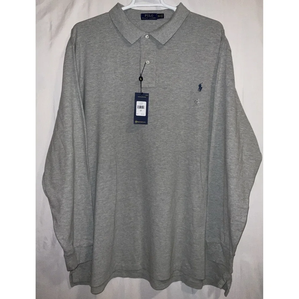 NWT Men's Polo Ralph Lauren Long Sleeve Polo‎ Shirt Gray Heather Navy Pony 4XLT